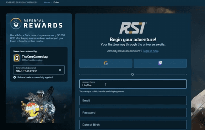 RSI signup page showing the account form and referral code field
