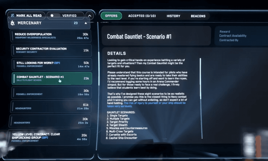 Star Citizen progression UI showing reputation and unlocked contracts