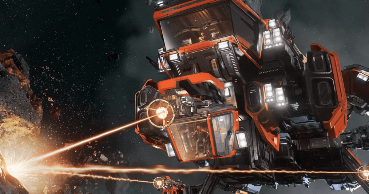 A Mole mining an asteroid with two bright orange laser beams firing in open space