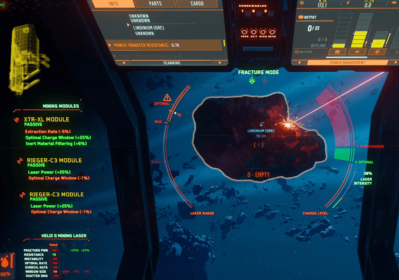 Star Citizen mining scanning and positioning screen with a ship lined up on an asteroid