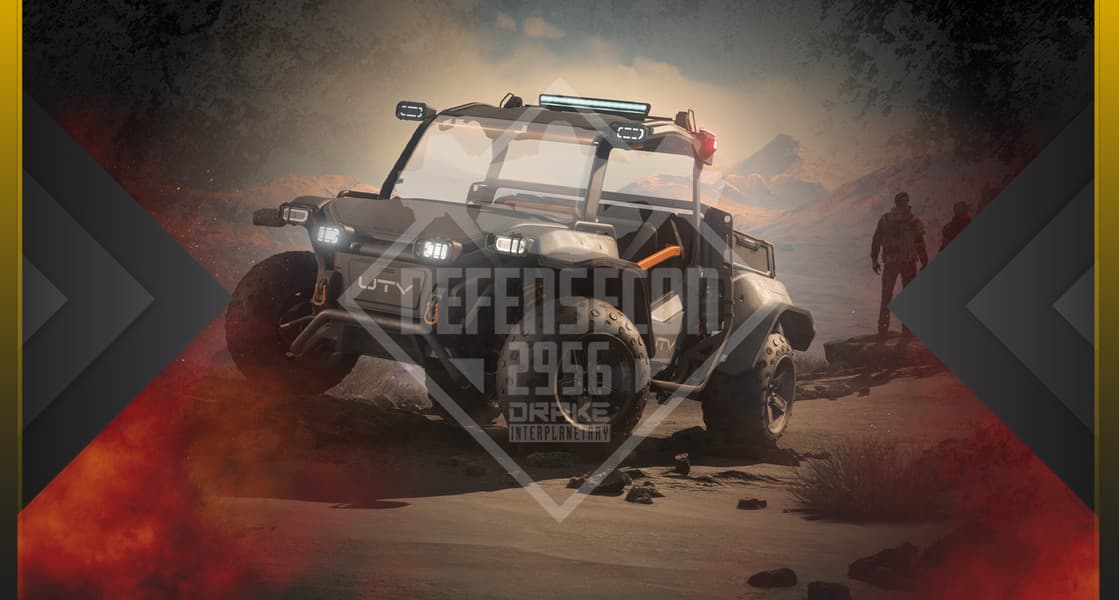 DefenseCon 2956 Greycat Industrial comm-link graphic showing a rugged industrial vehicle in a desert scene